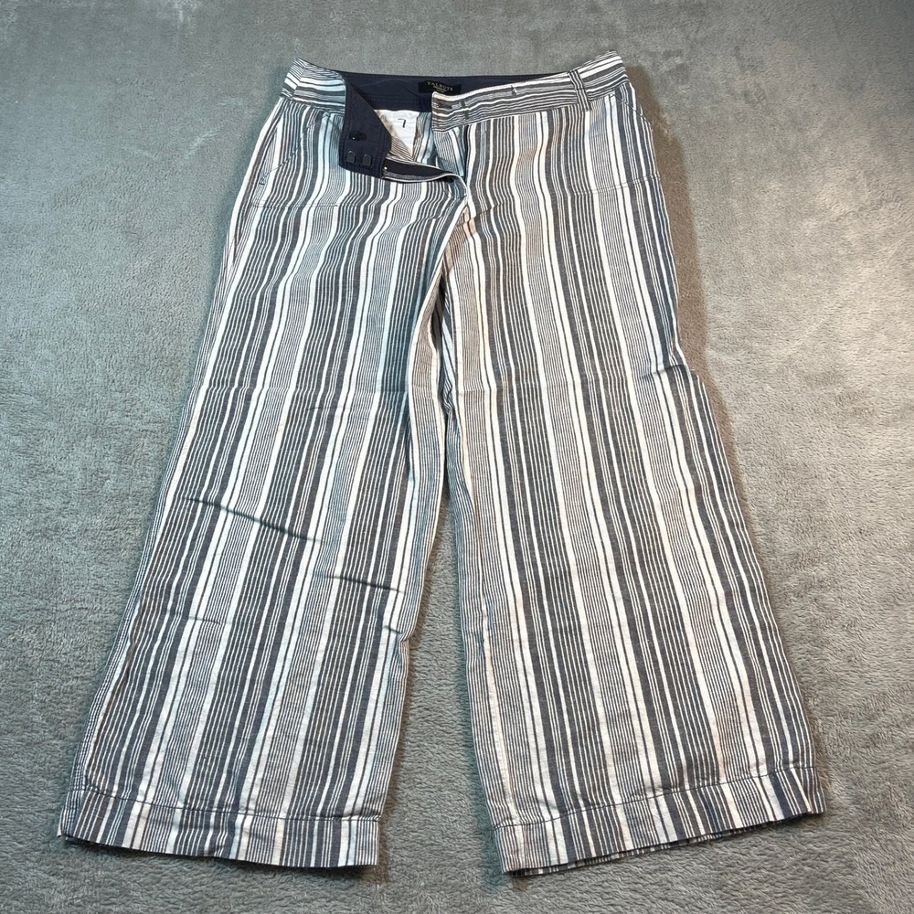 Talbots Linen Blend Wide Leg Cropped Pants Striped Casual Blue White 12P Women's